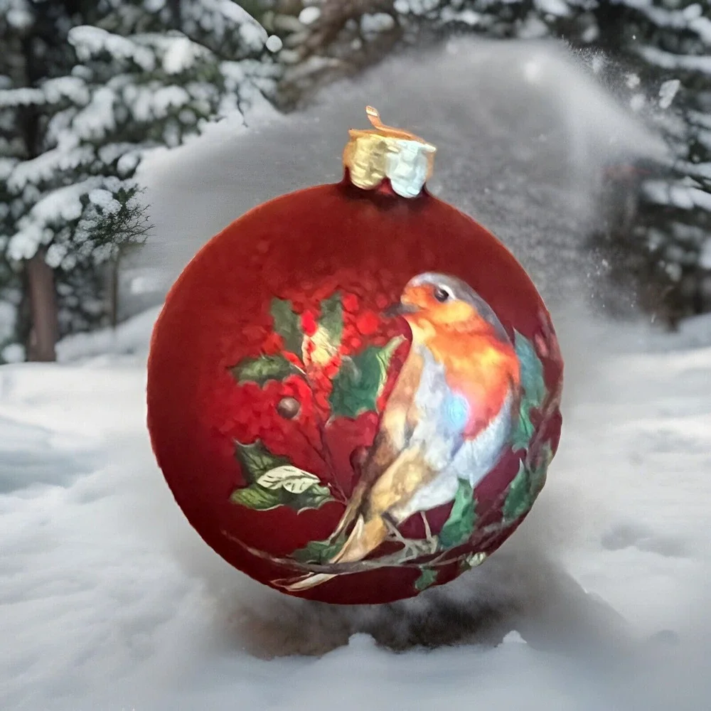 Robin Christmas Ornament Red Glass Bird‎ Holly Berries Gisela Graham London